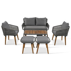 K&K 6-Piece Rope Patio Furniture Set, Outdoor Furniture With Acacia Wood Cool Bar Table With Ice Buc